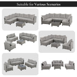 FHFO 7 Pieces Outdoor Patio Furniture Set, Wicker Sectional Sofa Set Rattan Modular Patio Conversation Sets with Cushions Couch Set & Coffee Table for Outside, Garden, Balcony, Porch, Grey FHFO