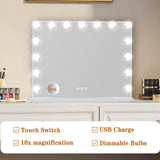 Leishe Vanity Mirror with Lights 15LED Bulbs 3 Lighting Modes Lighted Makeup Mirror for Desk or Wall-Mount Hollywood Vanity Mirror with USB Charger Port and 10X Magnification (22"x18") Leishe