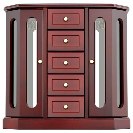 RR ROUND RICH DESIGN Jewelry Box - Made of Solid Wood with Cabinet Type 5 Drawers Organizer and 2 Separated Open Doors on 2 Sides and Large Mirror Brown RR ROUND RICH DESIGN