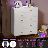 JanflyHome Drawer Dresser with LED Lights, 38" H Tall Tempered Glass Top Dresser, Modern White Wood Chest of Drawers with Jewelry Organizer & Jewelry Display for Bedroom, Living Room, White JanflyHome