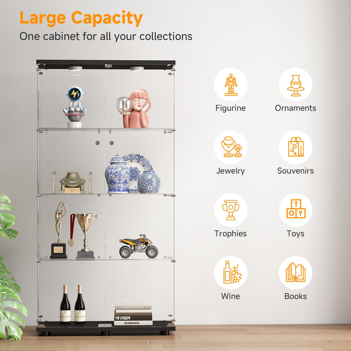 Zevemomo Tempered Glass Display Cabinet with Lights, 4-Tier Curio Cabinet with Glass Doors and Lock, Glass Display Case for Collectibles, for Living Room, Bedroom, Office, Black, Double Door Zevemomo