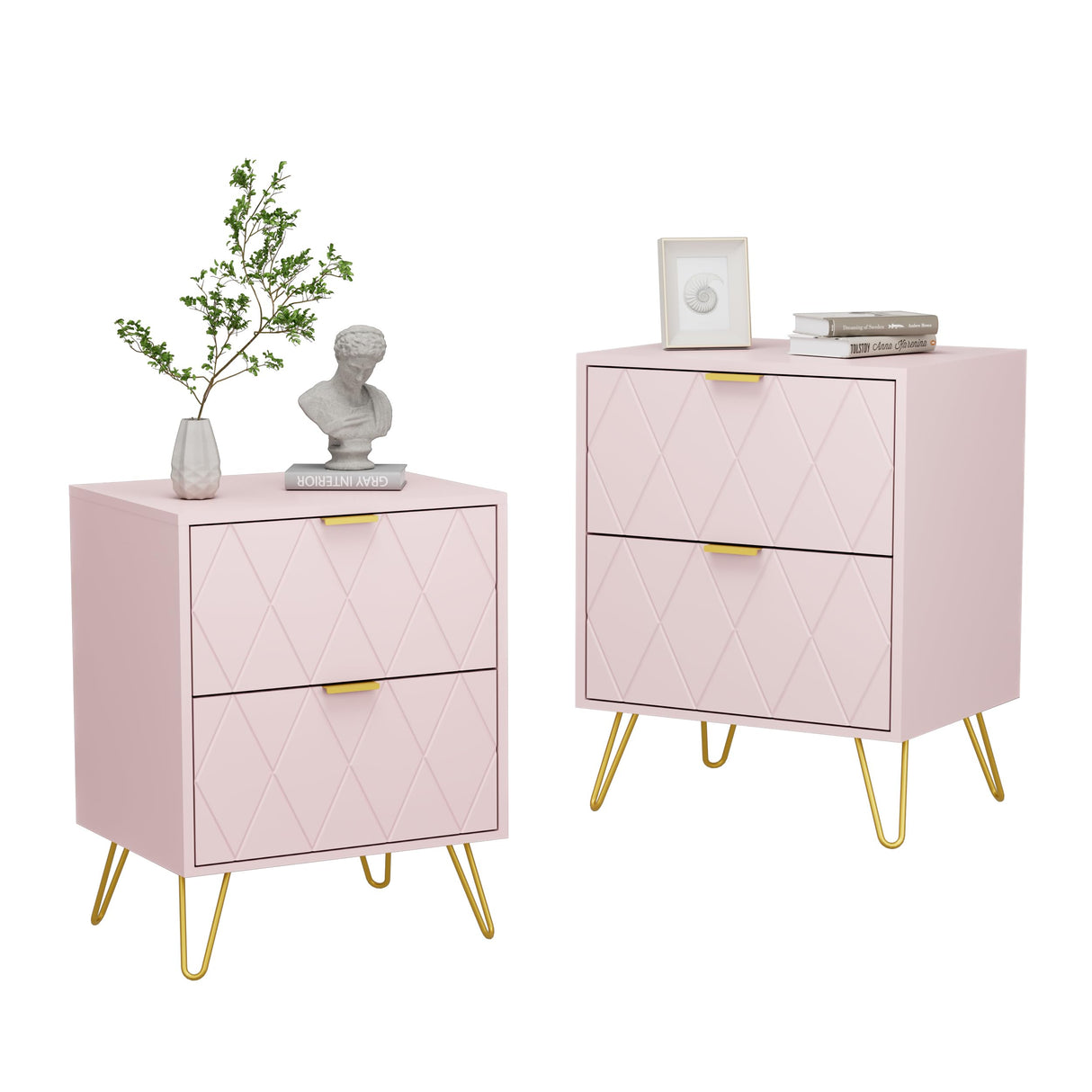 Anbuy Pink Nightstand Set of 2, End Side Table Double, Bedside Table with 2 Drawers, Dual Night Stand Set 2 Gold Legs for Bedroom Living Room Anbuy