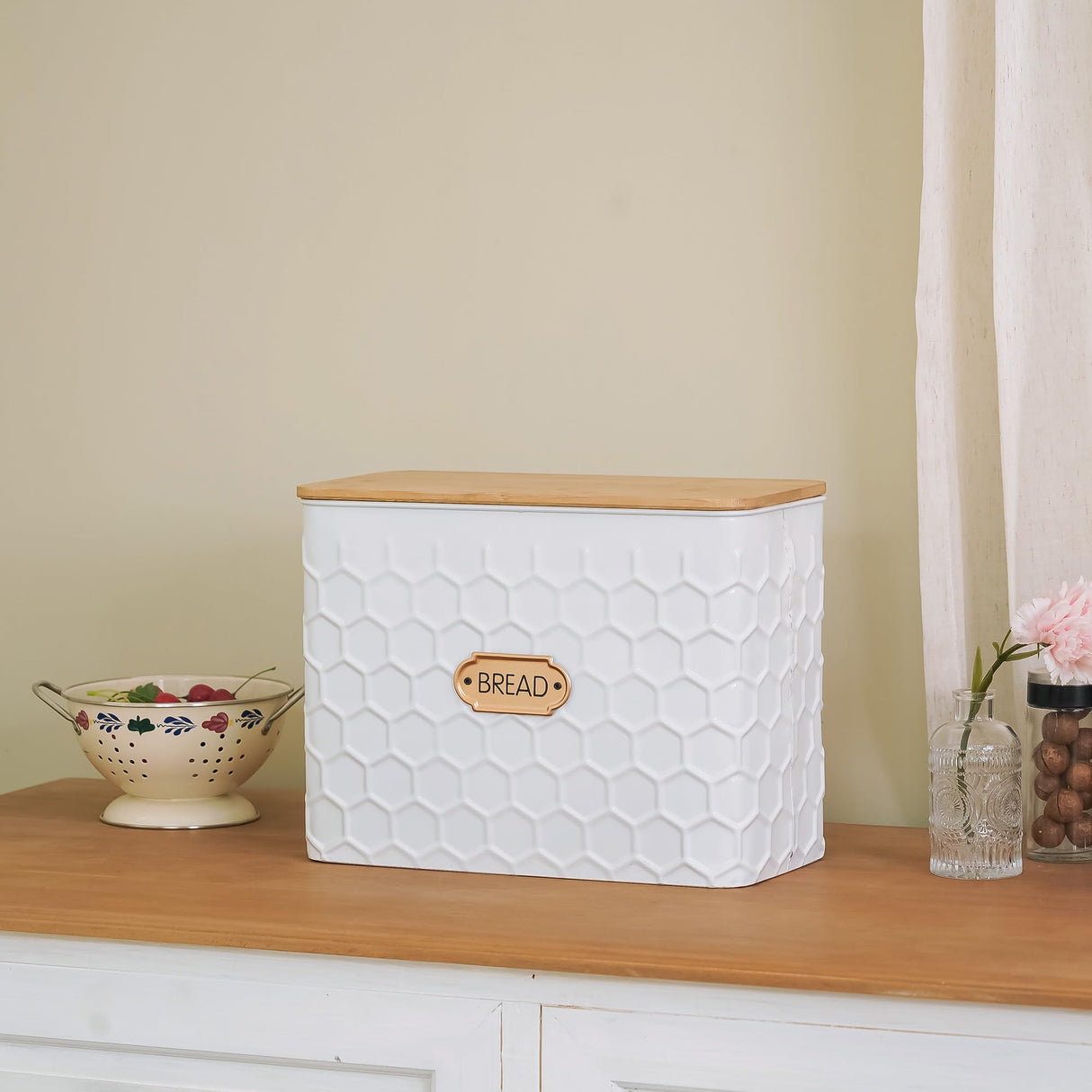 NIKKY HOME Extra Large Space Saving Farmhouse White Bread Box With Bamboo Lid - Holds 2 Loaves - Vertical Breadbox Bread Storage Bin Holder for Kitchen Countertop, Honeycomb Embossed Pattern NIKKY HOME