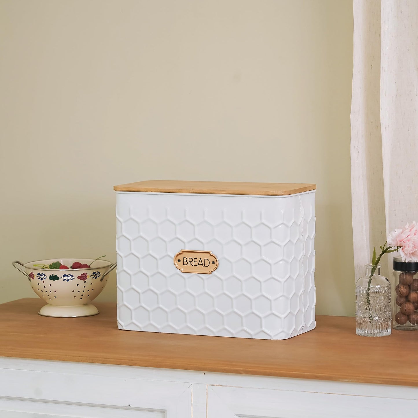 NIKKY HOME Extra Large Space Saving Farmhouse White Bread Box With Bamboo Lid - Holds 2 Loaves - Vertical Breadbox Bread Storage Bin Holder for Kitchen Countertop, Honeycomb Embossed Pattern