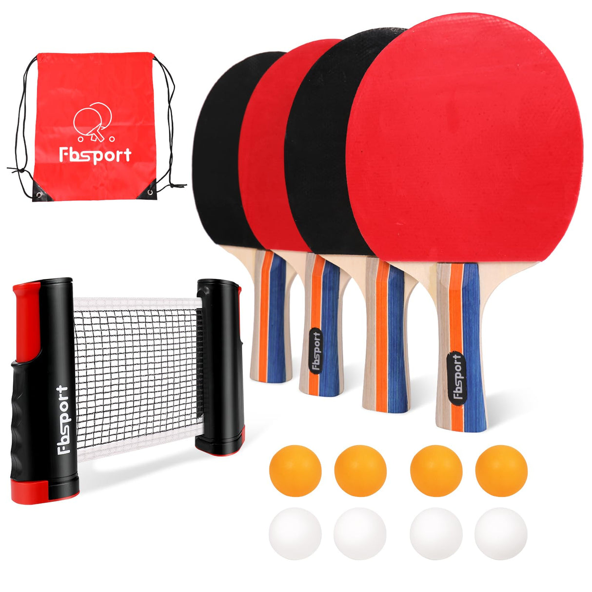 FBSPORT Ping Pong Paddle Set, Table Tennis Set with 4 Rackets and 8 Balls, Retractable Net with Storage Bag - Pingpong Paddle Accessories for Indoor/Outdoor Games FBSPORT