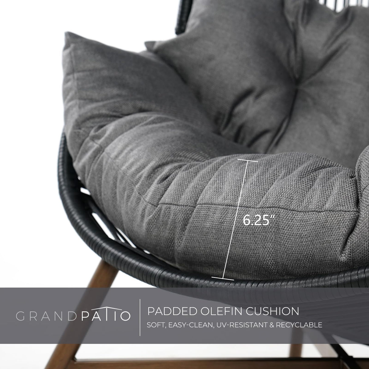 Grand patio Outdoor Egg Chair PE Wicker Wood Grain Finish Comfortable Conversation Chair with Olefin Cushion Oversized Lounger Chair with Stand for Porch, Backyard, Living Room - Dark Grey Grand patio