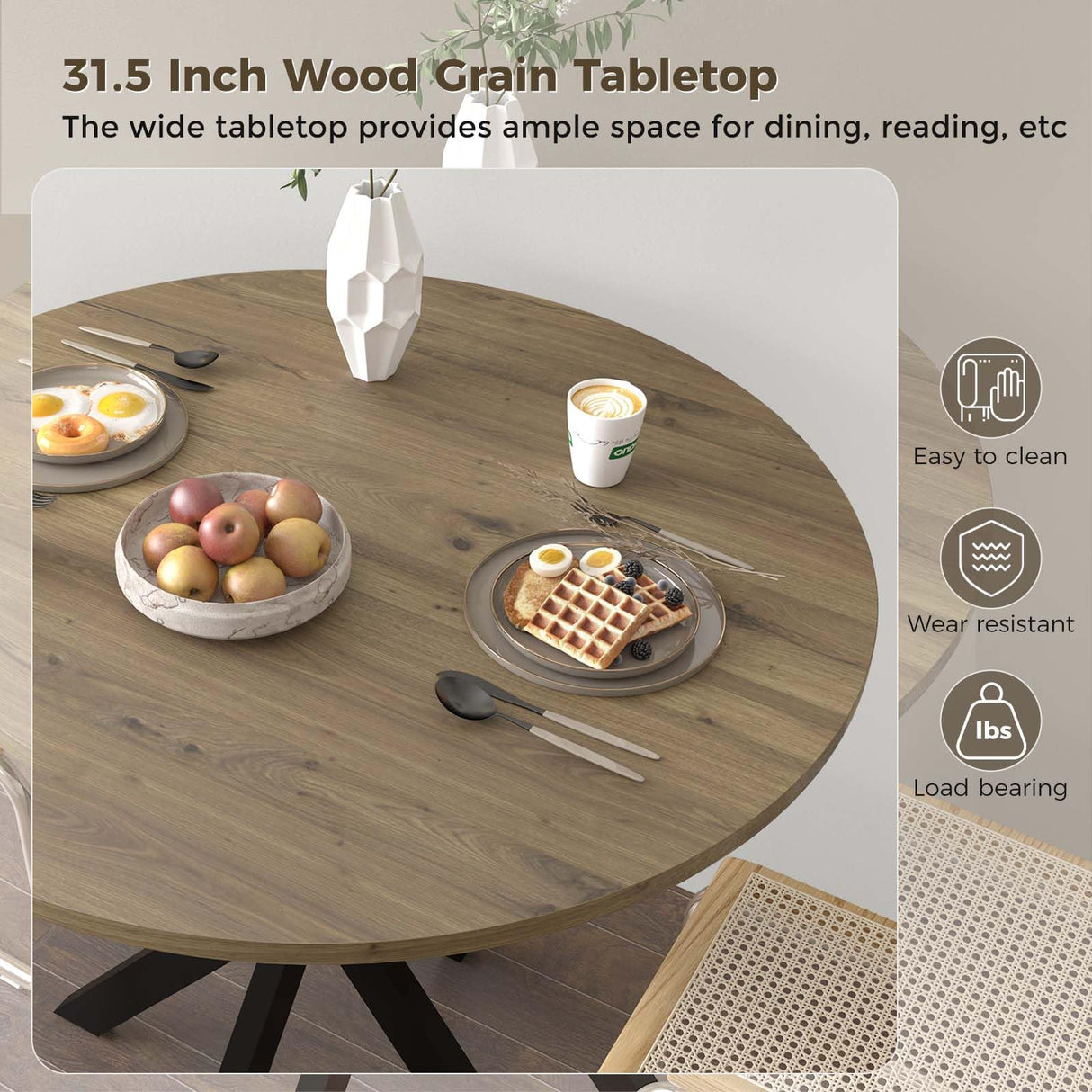 Unovivy 31.5" Small Round Dining Table for 2-4 People, Modern Narrow Circle Desk with X-Shaped Metal Legs and Wooden Tabletop, Suitable for Restaurant, Kitchen, Rustic Brown Unovivy