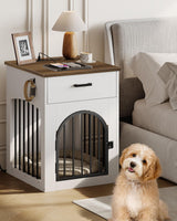 CHOEZON Dog Crate Furniture, Wooden Dog House with Charging Station and Storage Drawer, Indoor Pet Crate End Table for Small Breeds, for Living Room, Bedroom, White and Walnut MGW01UWL CHOEZON