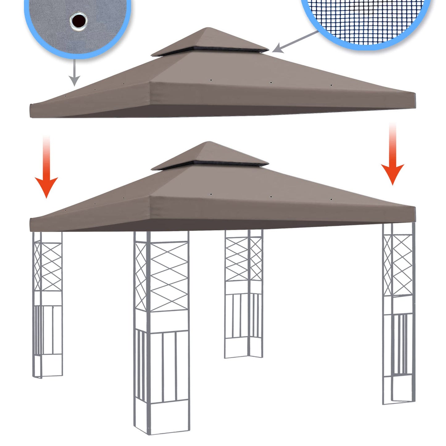 TGEHAP 10'x 10' Replacement Canopy Top Cover for Dual Tier Gazebo Outdoor Tent, Cover Only (Taupe)