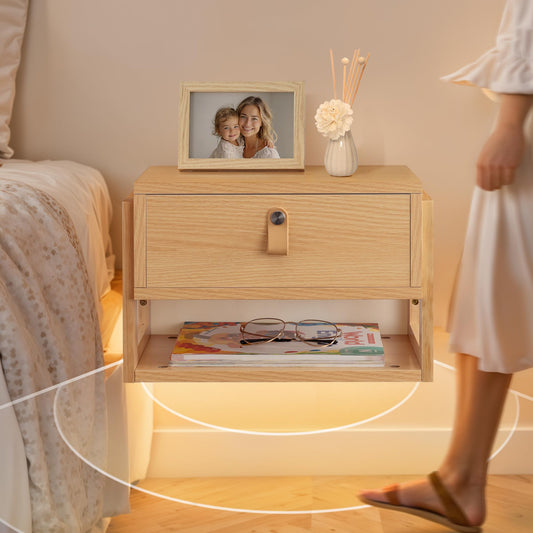 Afuly Floating Nightstand with LED Light Strips, Modern Night Stand with Drawer Wall Mounted Bedside End Table, Wood Nightstand Side Table Shelf for Bedroom Natural Wooden Decor