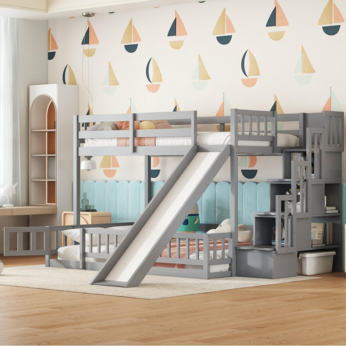 RuiSiSi Twin Over Full Bunk Bed with Stairs, Wooden Floor Bunk Bed with Slide and Bookcase for Kids Teens Adults, Noise Free, Easy Assembly, Grey RuiSiSi