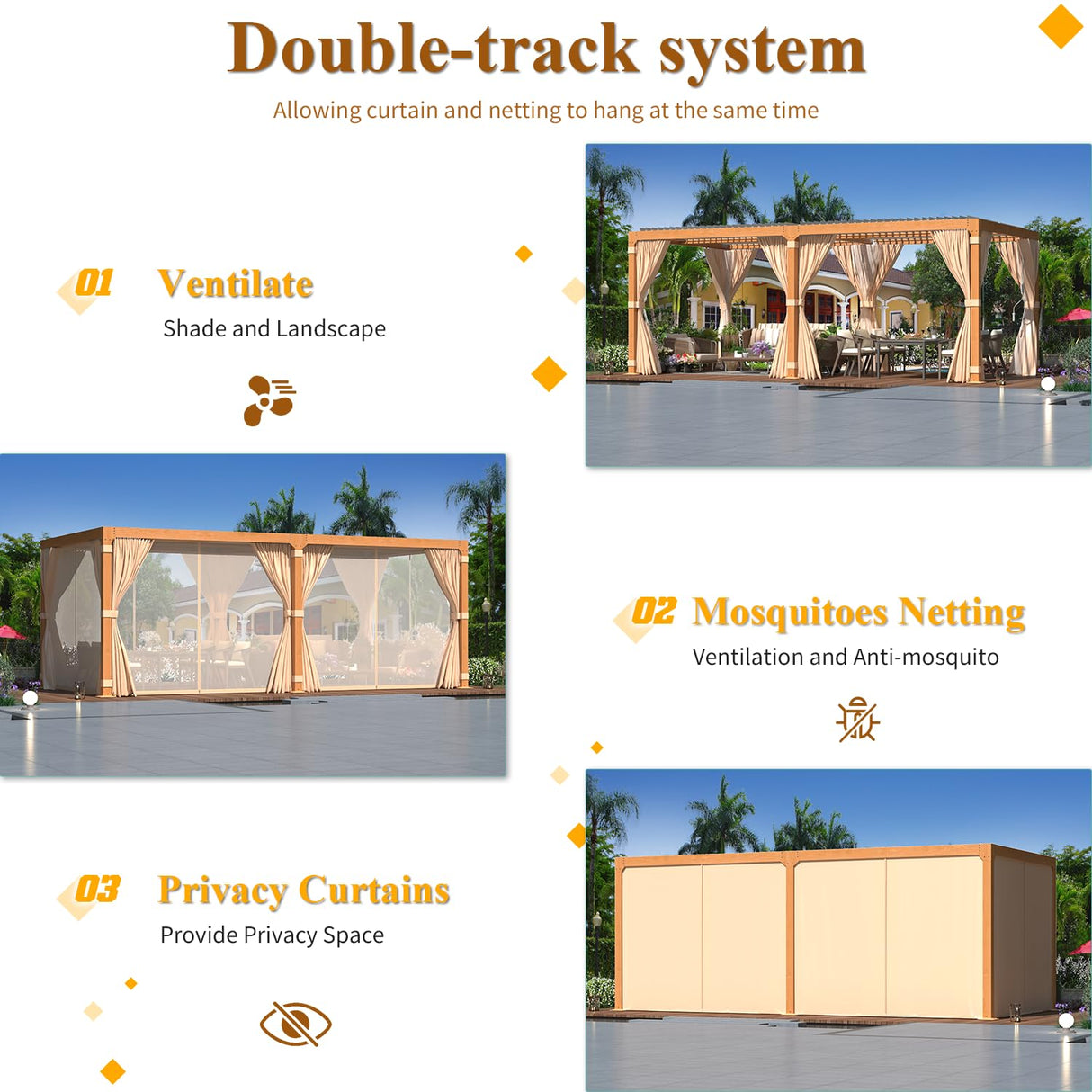 YOLENY 10 x 20 FT Louvered Pergola, Wood Grain Pergola with Adjustable Aluminum Waterproof Roof, Sun Shade Shelter with Netting and Curtains for YOLENY