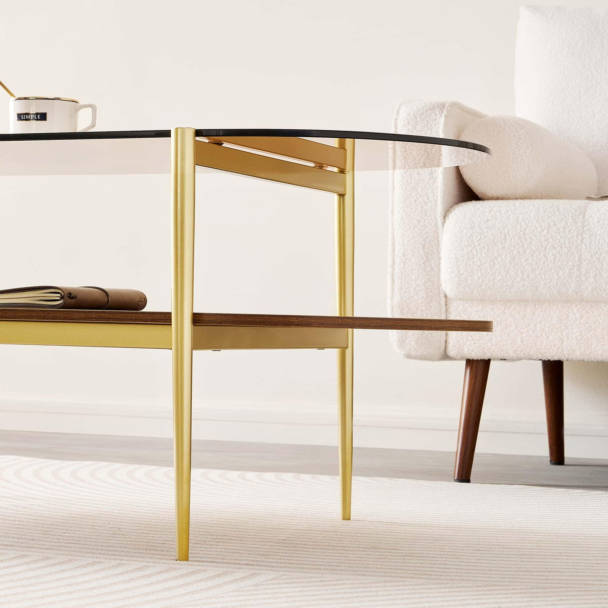 LumFurn Oval Glass Coffee Table, Mid-Century Modern Design, L41 x W21 x H17 inch, for Living Room, 2-Tier Structure, Amber Glass Top and Walnut Finish Wood Shelf, Conical Legs with Gold Finish Frame LumFurn