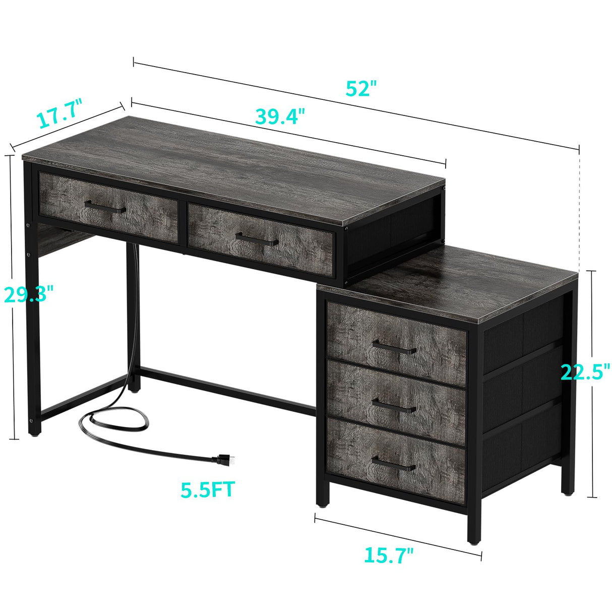Unikito Computer Desk with 5 Drawers, Reversible Home Office Desk with Power Outlets, Sturdy Writing Desk with File Cabinet and Printer Stand, Vanity Desk with Storage for Small Space, Black Oak Unikito