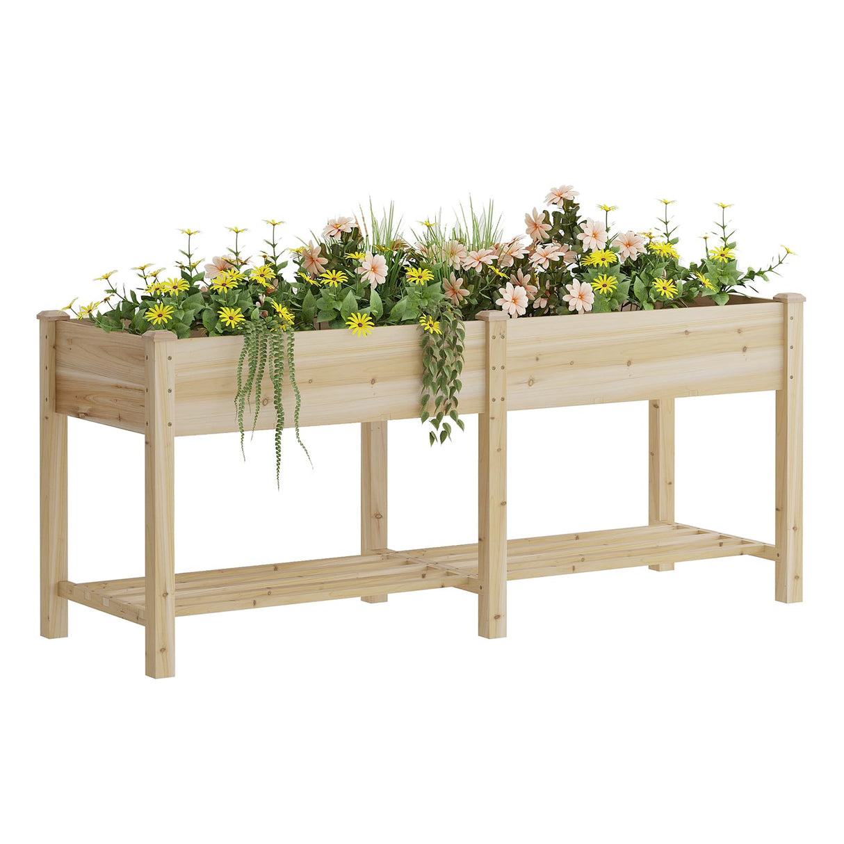 Raised Garden Bed, Planter Box with Storage Shelf, Elevated Wooden Planter Box with Legs, Garden Planter for Backyard, Patio, Balcony, Natural Wood (Natural, L) Dawnyard