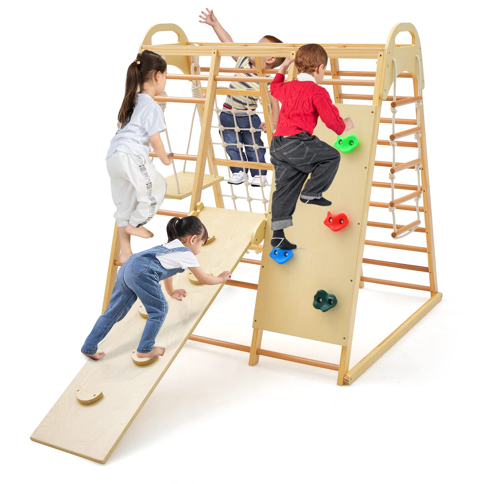 INFANS 8 in 1 Climbing Toys for Toddlers Kids Wood Montessori Climber Playset Indoor Playground Jungle Gym