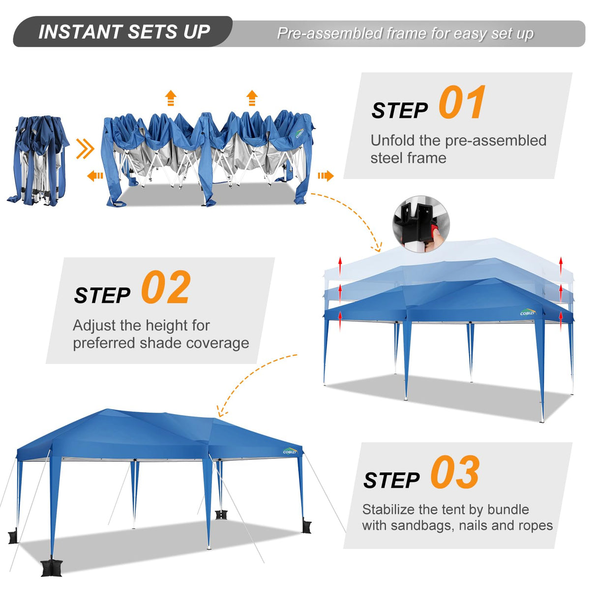 COBIZI Canopy 10x20 Pop Up Canopy Tent 10x20ft Waterproof Party Tent Ez Up Canopy Tents for Parties Wedding Outdoor Commercial Event Gazebo Portable Instant Tent for Backyard Camping Carport, Blue COBIZI