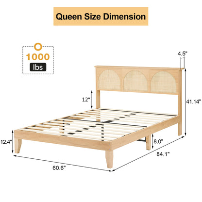 Amyove 12.4 Inch Deluxe Solid Wood Queen Bed Frame with Rattan Headboard and LED Lights - WoodArtSupply