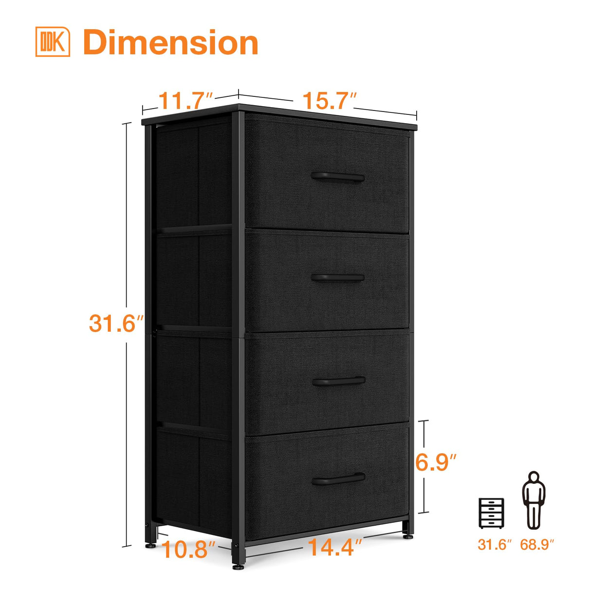 ODK Dresser for Bedroom with 4 Storage Drawers, Small Dresser Chest of Drawers Fabric Dresser with Sturdy Steel Frame, Dresser for Closet with Wood Top, Black ODK