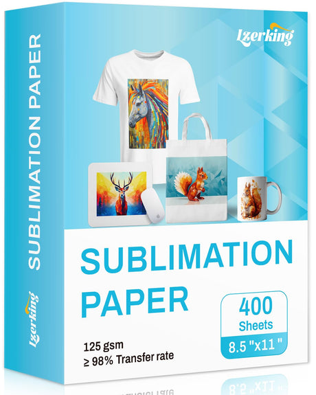 Lzerking Sublimation Paper 8.5x11 Inch 125gsm 400 Sheets, Heat Transfer Paper for Inkjet Printers - Ideal for Various Coatings, DIY Projects, T-Shirts, Phone Cases, Mugs Lzerking