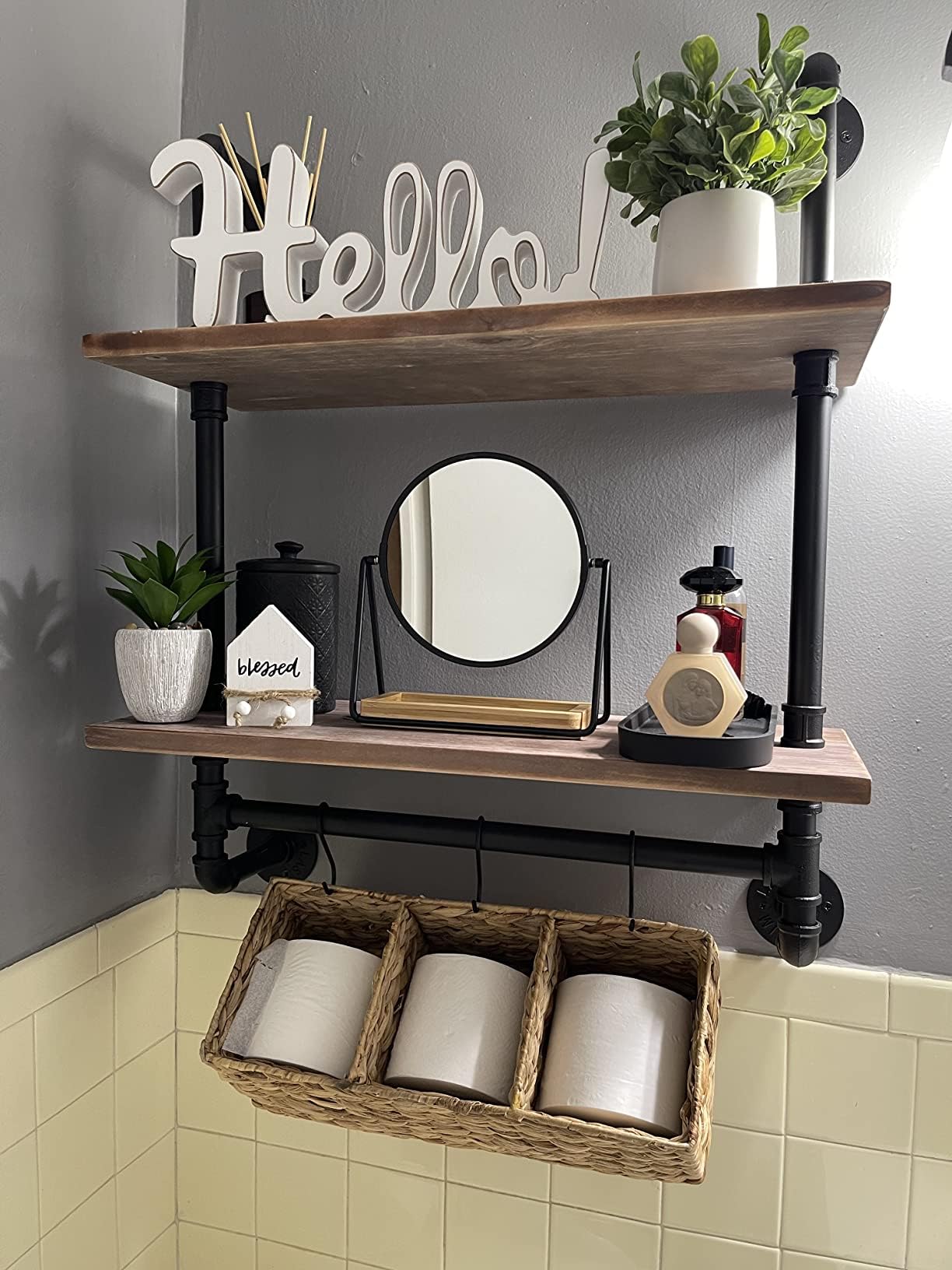 ROGMARS Industrial Pipe Shelf Floating Shelves for Bathroom,Farmhouse Shelves with Towel Bar, Towel Rack Over Toilet Shelf, Rustic Wall Wood Shelves 19.7 Inch