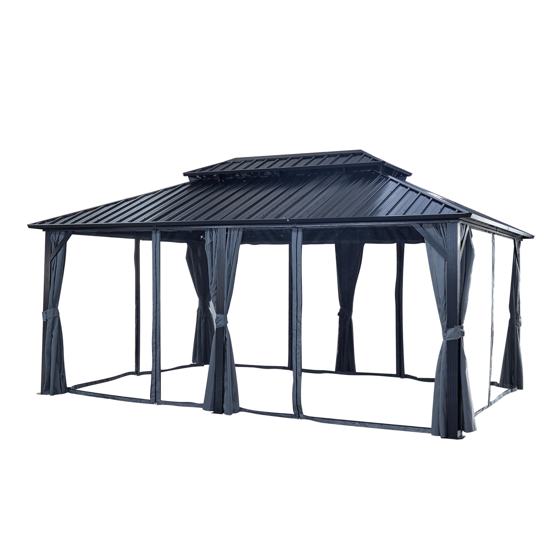 YUHAIFENG 12x18ft Hardtop Gazebo with Nettings and Curtains, Heavy Duty Double Roof Galvanized Steel Outdoor Combined of Vertical Stripes Roof for Patio, Backyard, Black - WoodArtSupply