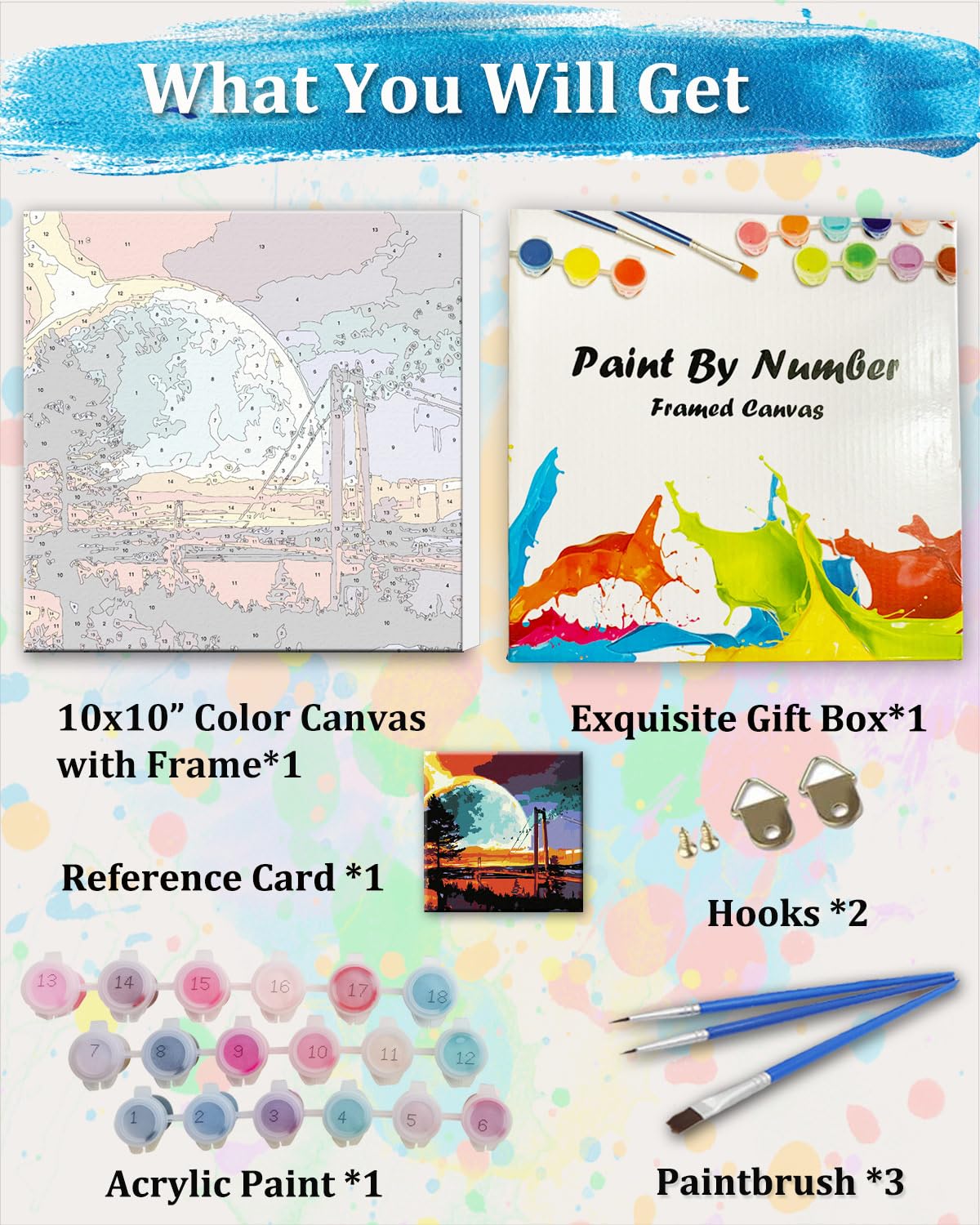 TOCARE Framed Paint by Numbers Kit for Adults Beginners, Bridge Paint by Number with Frame, Sunset Paint by Number Framed Canvas (10x10 Inch, Without Easel) TOCARE