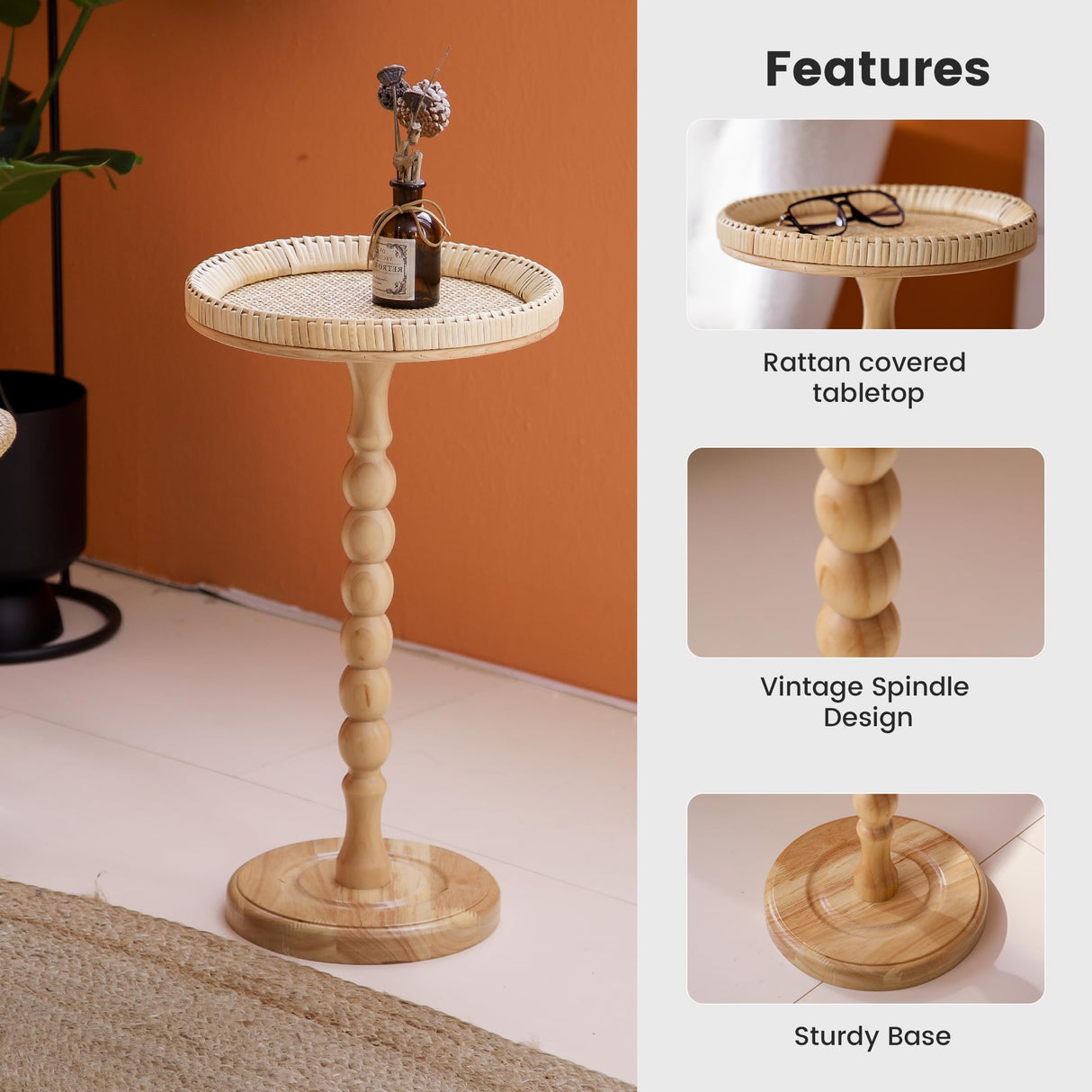 HuiDao Drink Table，Rattan Round Small Side Table for Small Spaces, Boho Circle End Table Coffee Table with Solid Wood Leg for Living Room, Pedestal Table for Bedroom, Corners HuiDao