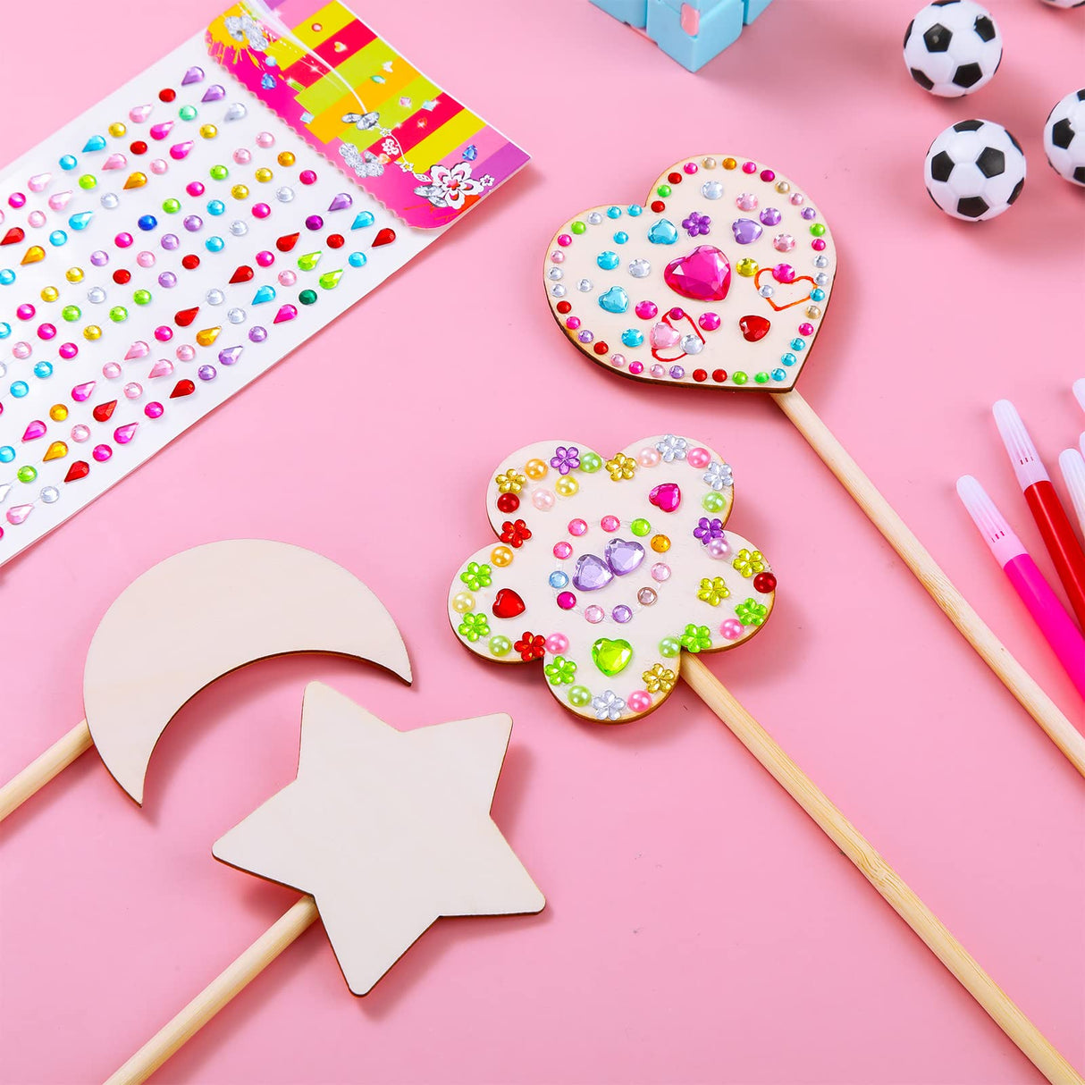 Yexiya 30 Pieces Princess Fairy Wand Kit - Make Your Own Wand with 21 Wooden Pieces,6 Watercolor Brushes,3 Gem Stickers Unfinished DIY Art Craft Kit for Party Supplies Yexiya