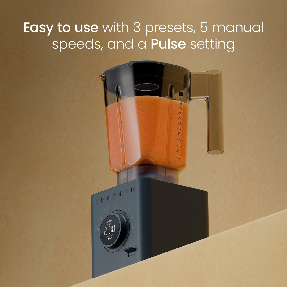 Chefman Obliterator 48 oz Countertop Blender for Smoothies, 1380W Motor to Crush Ice, Nuts, and Frozen Fruit with Stainless Steel Blade, Auto Blend Function, Includes Tamper and Scraper - Midnight Chefman