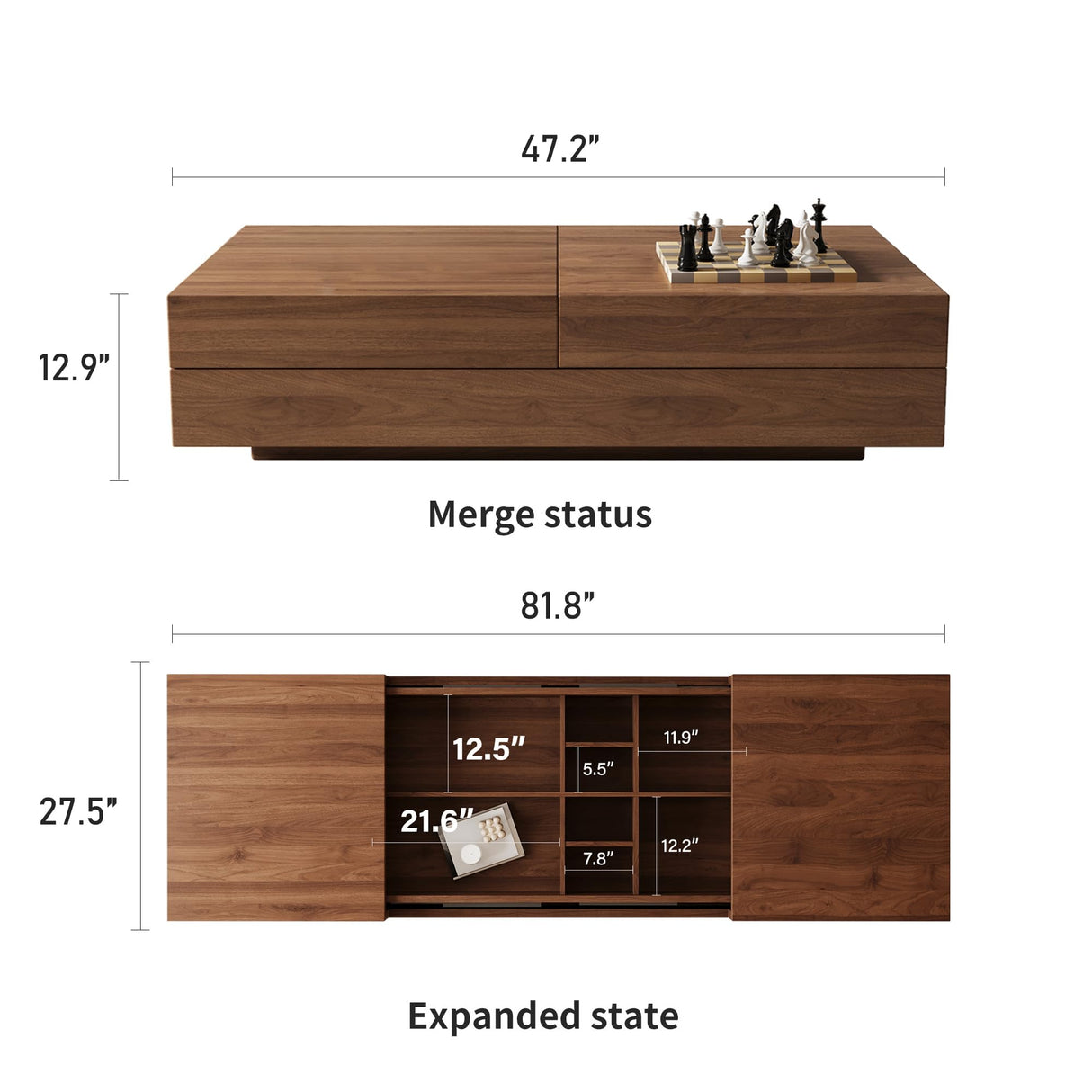 Pajiasen Mid-Century Modern Farmhouse 47.2-81.8" Expandable Coffee Table，Adjustable Center Table with Large Storage for Living Room, Walnut Pajiasen