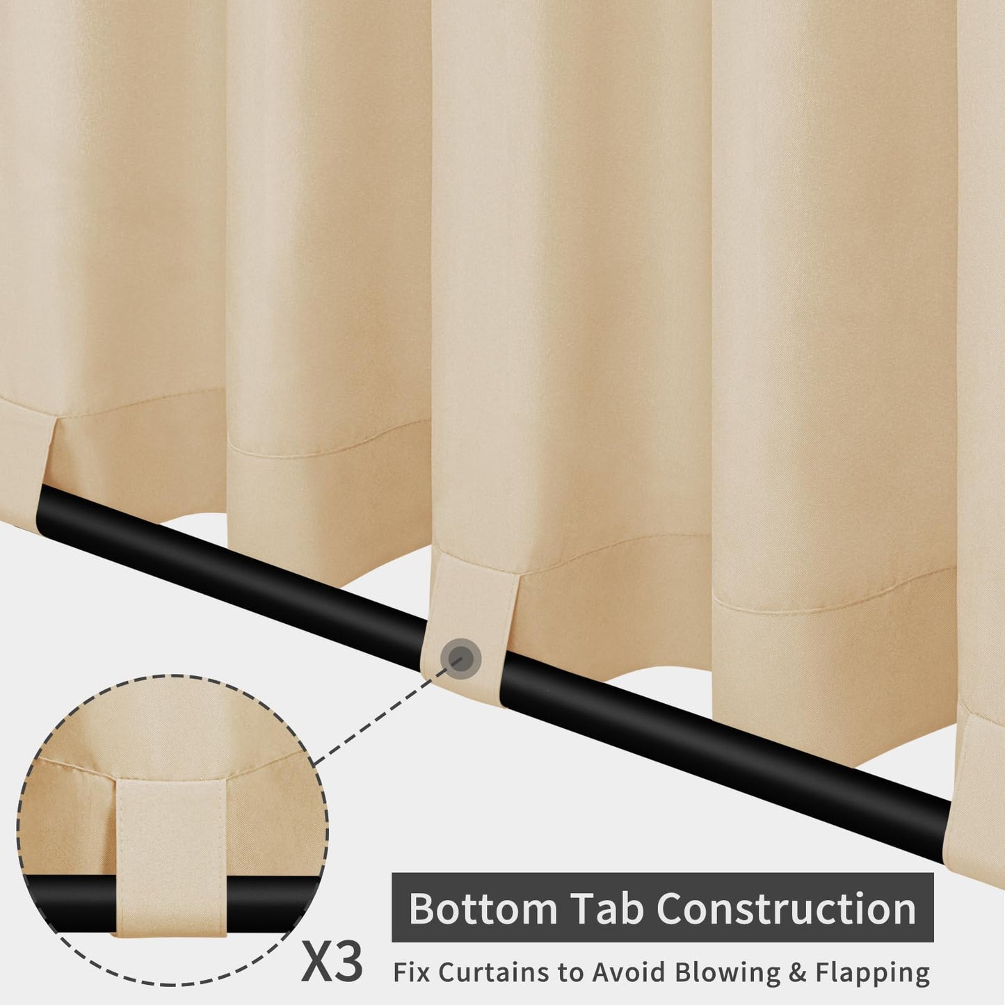 Easy-Going Outdoor Patio Curtains Detachable Tab Top Windproof Weatherproof Curtain for Cabana, Porch, Pergola and Gazebo, Tab Bottom Drape, 2 Panels, 54W x 84L inch, Beige