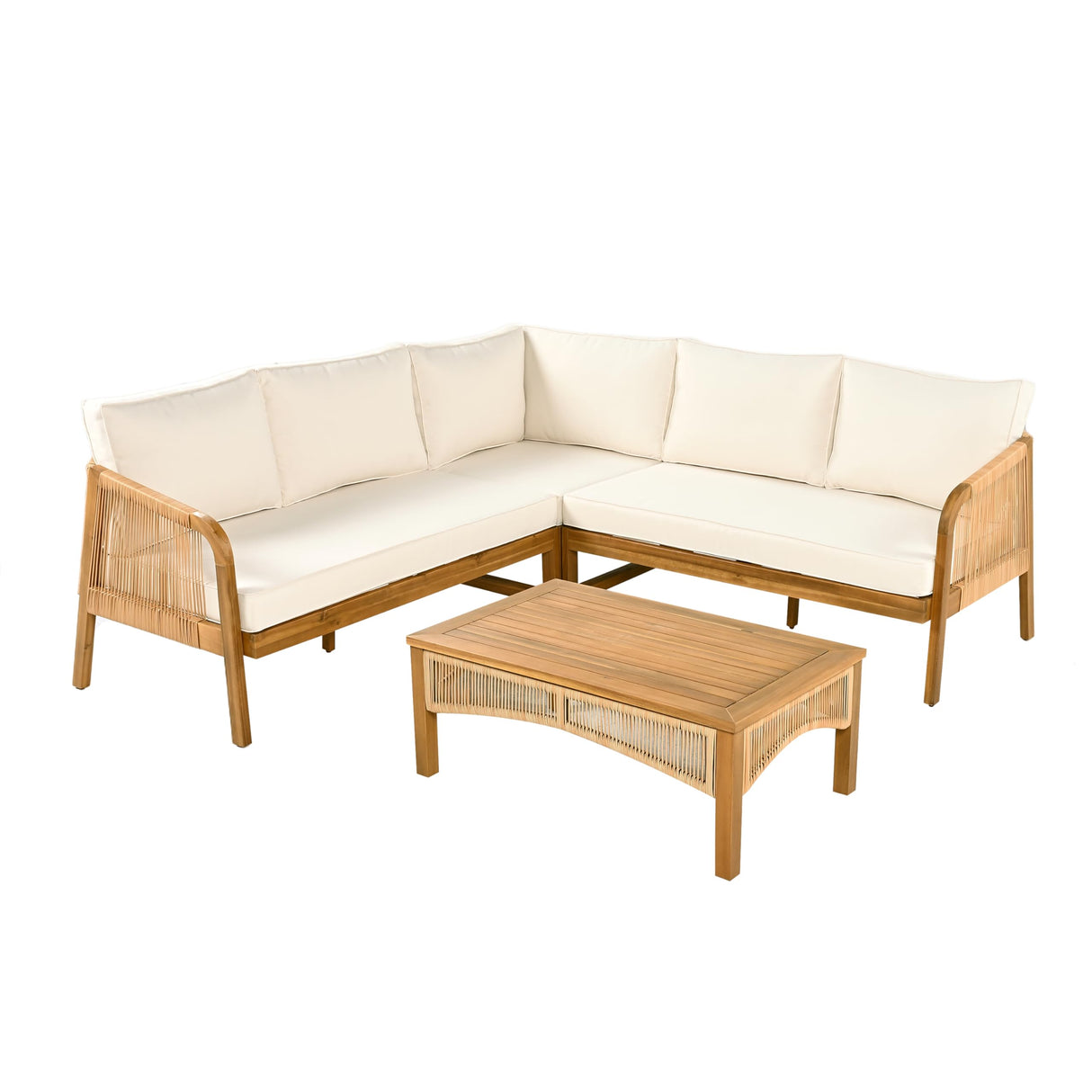 Merax 4-Pieces Outdoor Acacia Wood Patio Sectional Sofa Set, L Shape Couch with Coffee Table, Deep Seating with Soft Cushion, for Garden, Teak+ Beige Merax