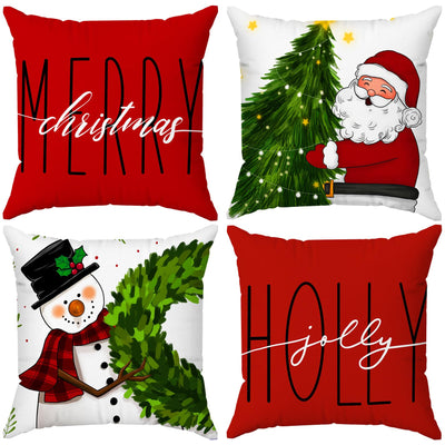 Brightown Red Christmas Pillow Covers 18x18 Set of 4 Christmas Decorations Winter Holiday Decor Throw Cushion Case for Home Couch