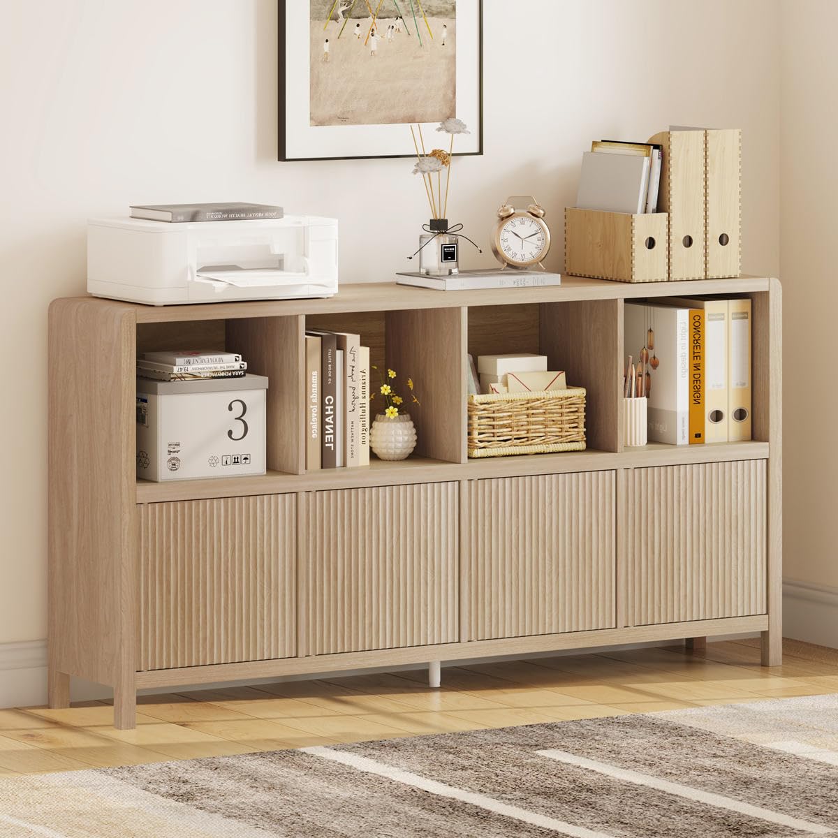 FATORRI 8 Cube Bookshelf with 4 Doors, Modern Mid Century Wood Book Shelf with Storage, Low Horizontal Cubby Bookcase for Home Office (Light Walnut) FATORRI