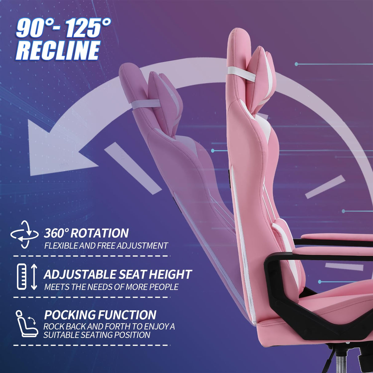Pink Gaming Chair High-Back Office Chair Ergonomic Video Game Chairs Height Adjustable Reclining Computer Chair with Lumbar Support Armrest Headrest Swivel Chair Game Chair for Adult Teen - Pink BSTOPHKL