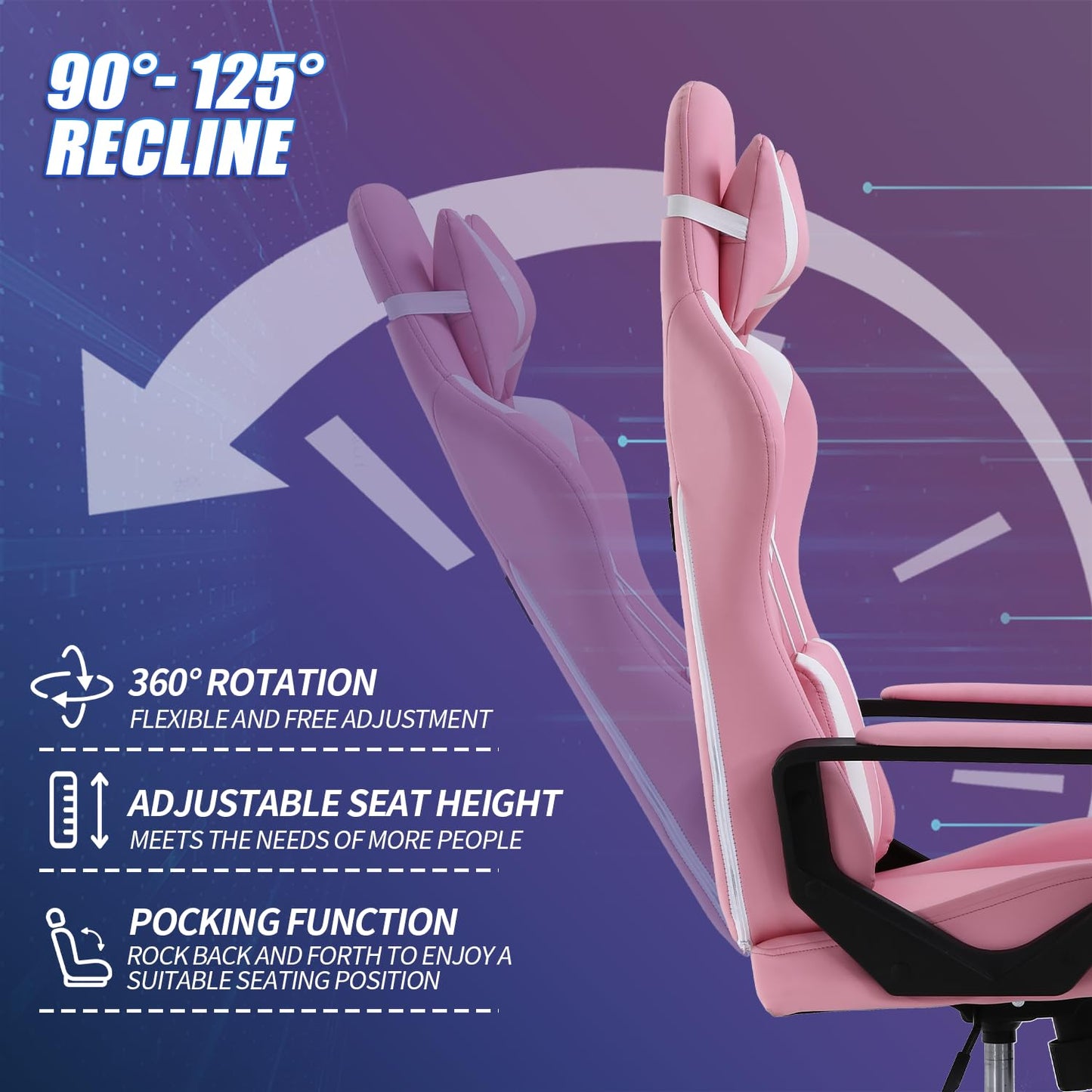 Pink Gaming Chair High-Back Office Chair Ergonomic Video Game Chairs Height Adjustable Reclining Computer Chair with Lumbar Support Armrest Headrest Swivel Chair Game Chair for Adult Teen - Pink