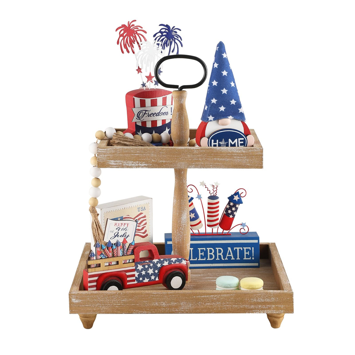 Tiered Tray Stand, Rustic Wooden 2 Tier Decorative Tray with Bead Garland, Farmhouse Square Wood Serving Tray Counter Centerpiece for Coffee Bar Home Decor Thanksgiving Housewarming Gifts (Brown) SYNCVIBE