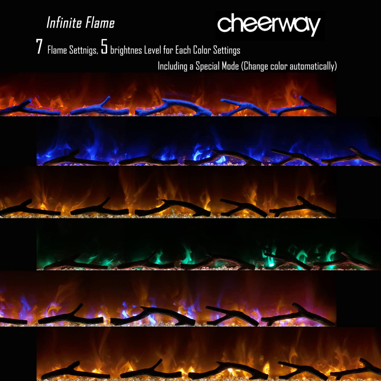 Cheerway 72 Inch Electric Fireplace, Recessed Fireplace Insert and Wall Mount Fireplace Heater with Remote & Touch Control, Adjustable Flame Color & Brightness, Log Set & Crystals, Child Lock & Timer Cheerway