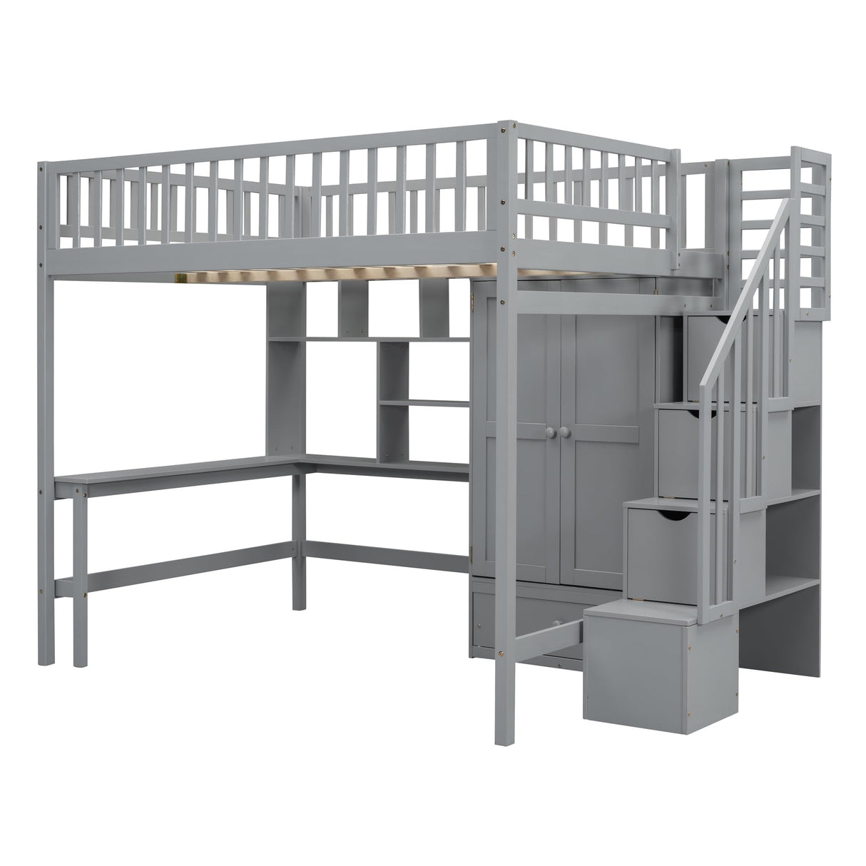 Full Loft Beds Stairway Loft Bed Frame with Wardrobe, Desk, Bookcase and Drawers, Gray Merax