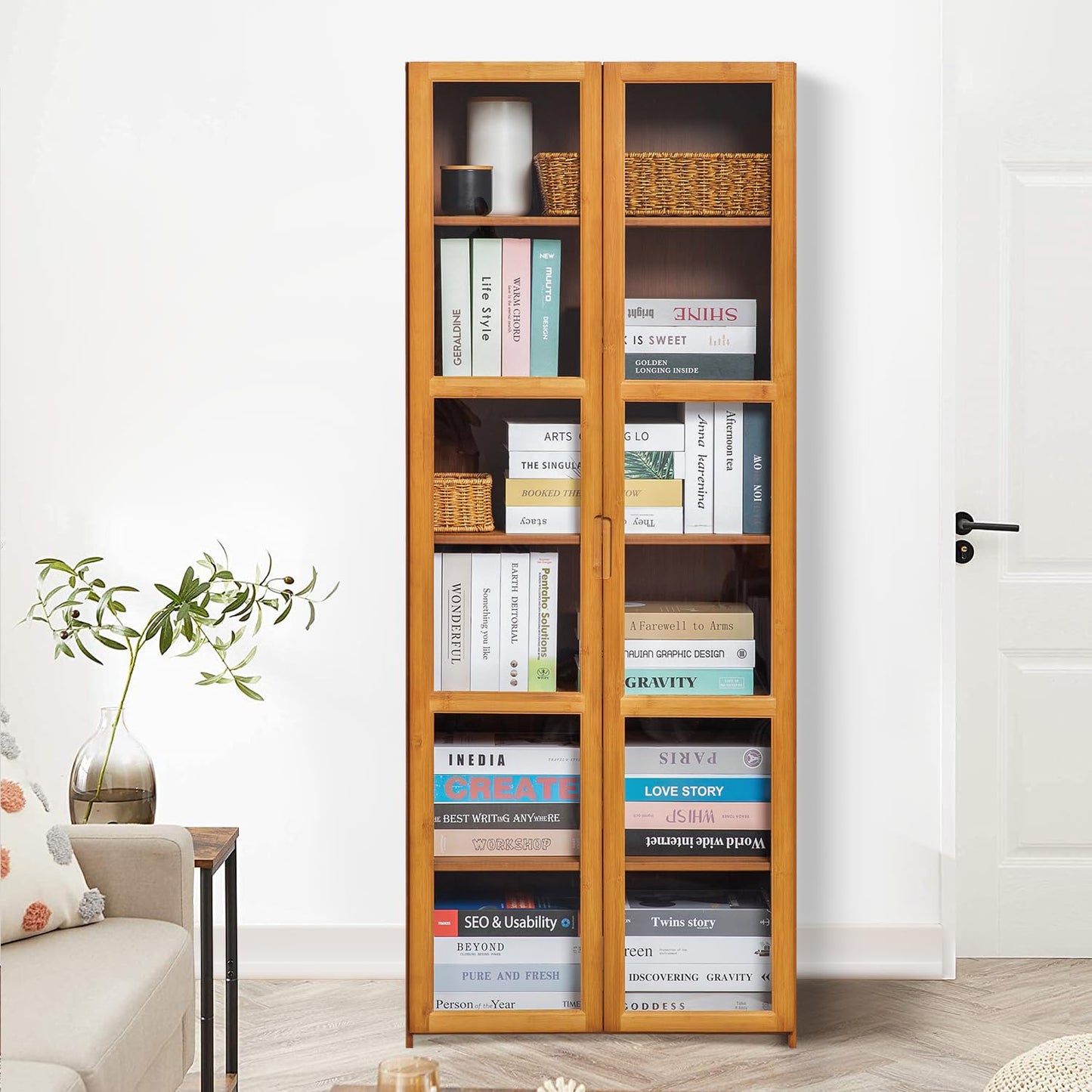 Magshion 6-Tier Bamboo Bookcase with Clear Doors for Versatile Storage Solutions in Brown - WoodArtSupply