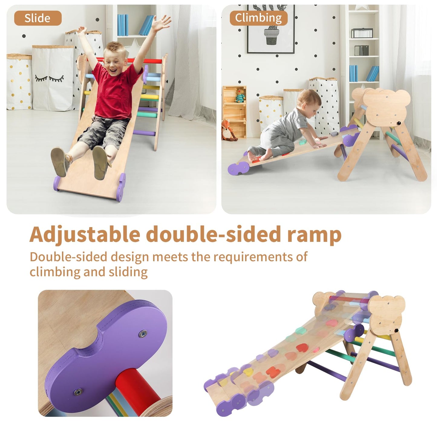 Agiyimi Pikler Triangle Set, 9 in 1 Foldable Toddler Climbing Toys Indoor, Wooden Montessori Climbing Set with Sliding Ramp Ladder Arch Collapsible Storage Bin, Playground Jungle Gym for Toddlers