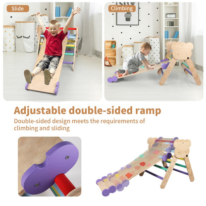 Agiyimi Pikler Triangle Set, 9 in 1 Foldable Toddler Climbing Toys Indoor, Wooden Montessori Climbing Set with Sliding Ramp Ladder Arch Collapsible Storage Bin, Playground Jungle Gym for Toddlers