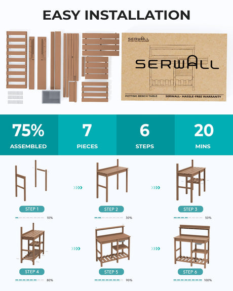 SERWALL Potting Bench Outdoor Potting Table with Sink, HDPE Potting Benches for Outside Gardening Table All Weather Use- Brown SERWALL