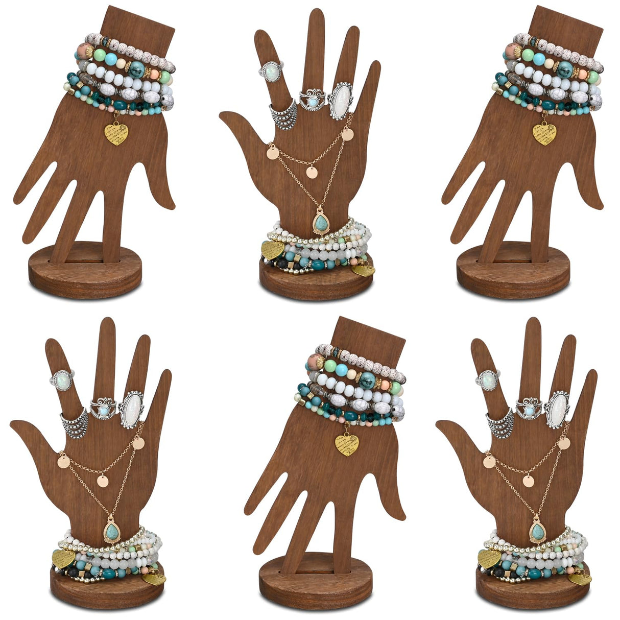 MOOCA 6 Pcs Set Real Wooden Hand Form Jewelry Display, 2-Way Design for Wall Hanging or Standalone Mannequin Finger Hand Display, Premium Real Wood Sturdy Base, Brown Color MOOCA