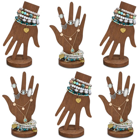 MOOCA 6 Pcs Set Real Wooden Hand Form Jewelry Display, 2-Way Design for Wall Hanging or Standalone Mannequin Finger Hand Display, Premium Real Wood Sturdy Base, Brown Color MOOCA