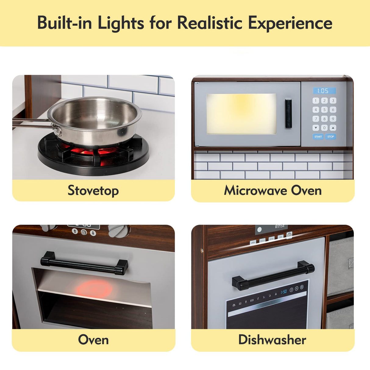 BRINJOY Corner Play Kitchen for Kids, Wooden Toddler Kitchen Playset w/Faucet, Sink, Microwave, Oven, Apron, Blackboard, Storage Cabinets, Pretend Cooking Toys w/Sound & Light Gift for Ages 3+ BRINJOY