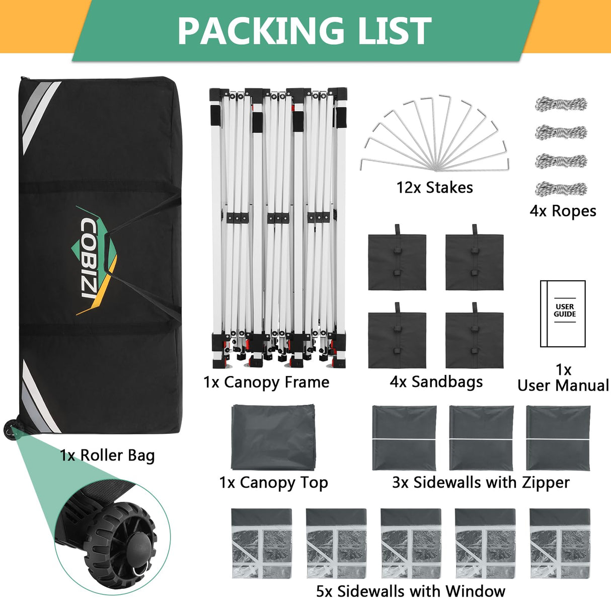 COBIZI 10x30 Pop Up Canopy Tent with 8 Removable Sidewalls EZ POP Up Party 10x30 Canopy Tent Waterproof and UPF50+,Outdoor canopy tents for Parties Wedding Events,with Roller Bag & Sandbags(gray COBIZI