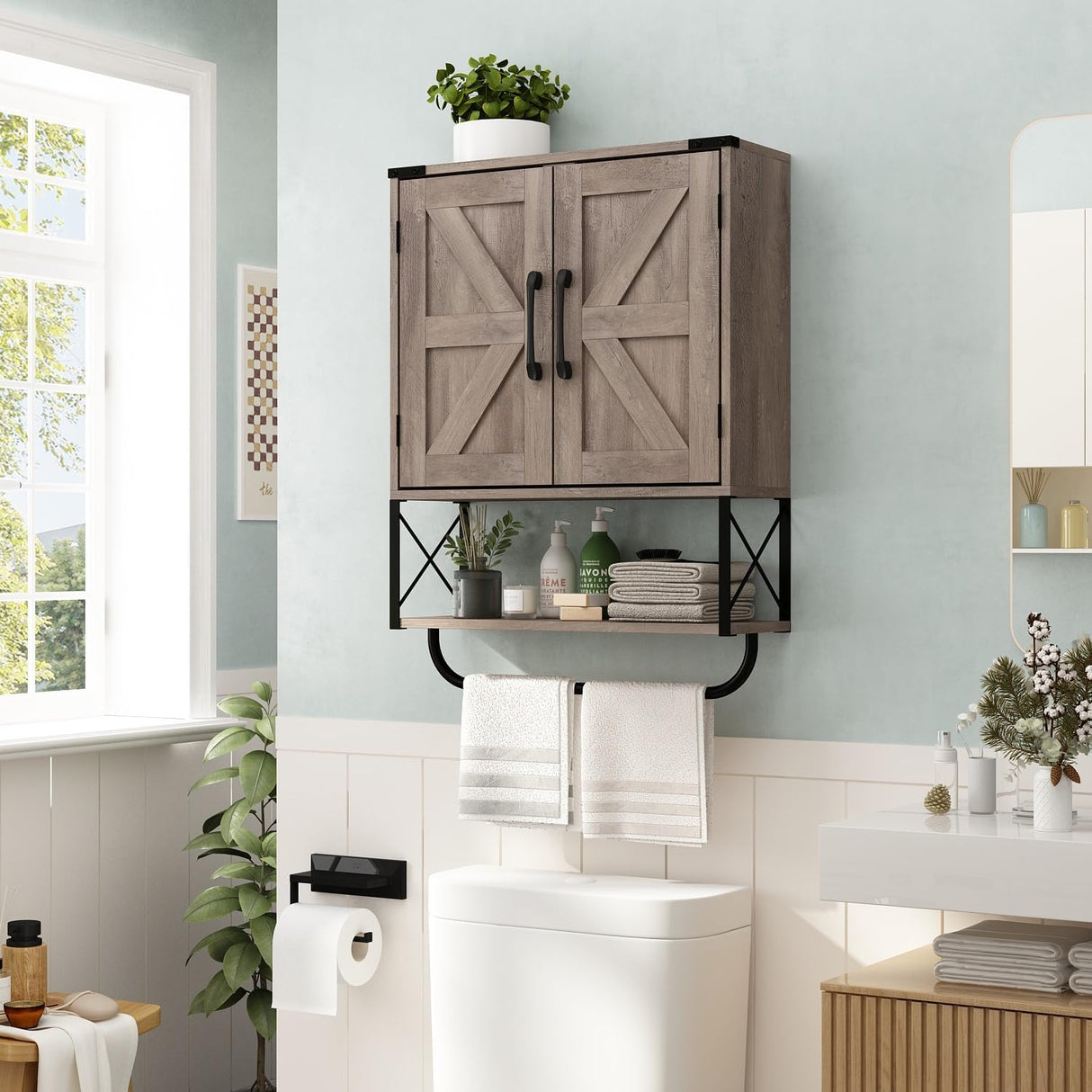 RUSTOWN Farmhouse Medicine Cabinet with 2 Barn Door, Wood Wall Mounted Storage Cabinet with Adjustable Shelf and Towel Bar, 3-Tier Bathroom Cabinet for Bathroom, Living Room(Washed Oak, Medium) RUSTOWN