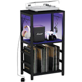 YAKANJ End Table with LED Light,Record Player Stand with Albums Storage,Vinyl Records Storage,Turntable Stand Side Table for Music Room Studio Living Room Bedroom-Modern Black YAKANJ